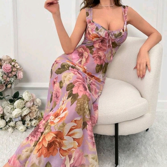 Dresses & Skirts - Floral Print Tie Front Ruffle Trim Mesh Pajama Nightdress Long Dress